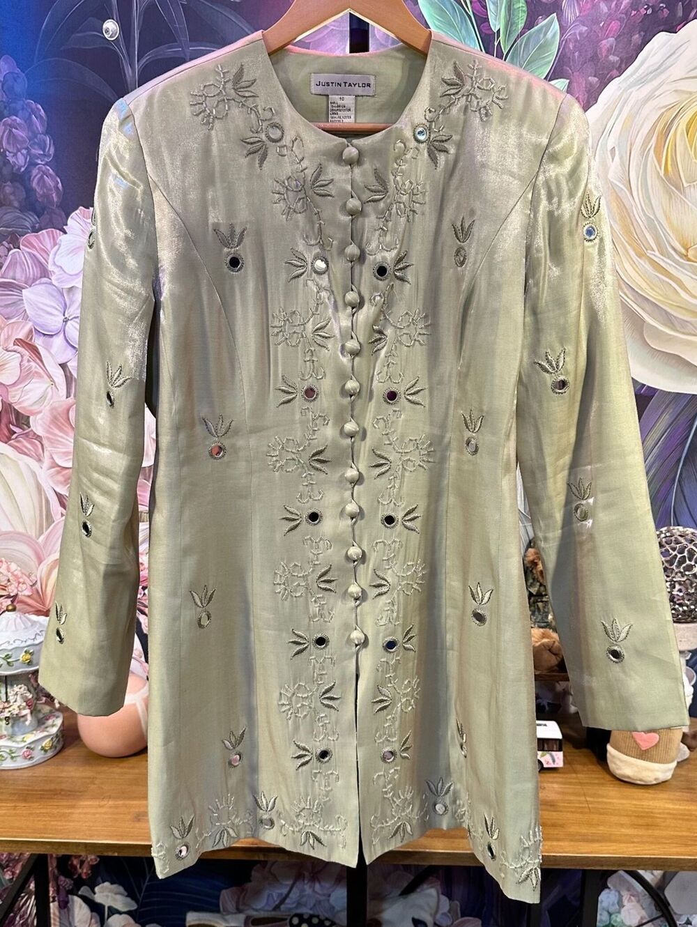 Justin Taylor Size 10 Mirror Beaded Embroidered Coat Dress Boho Artwear Sage